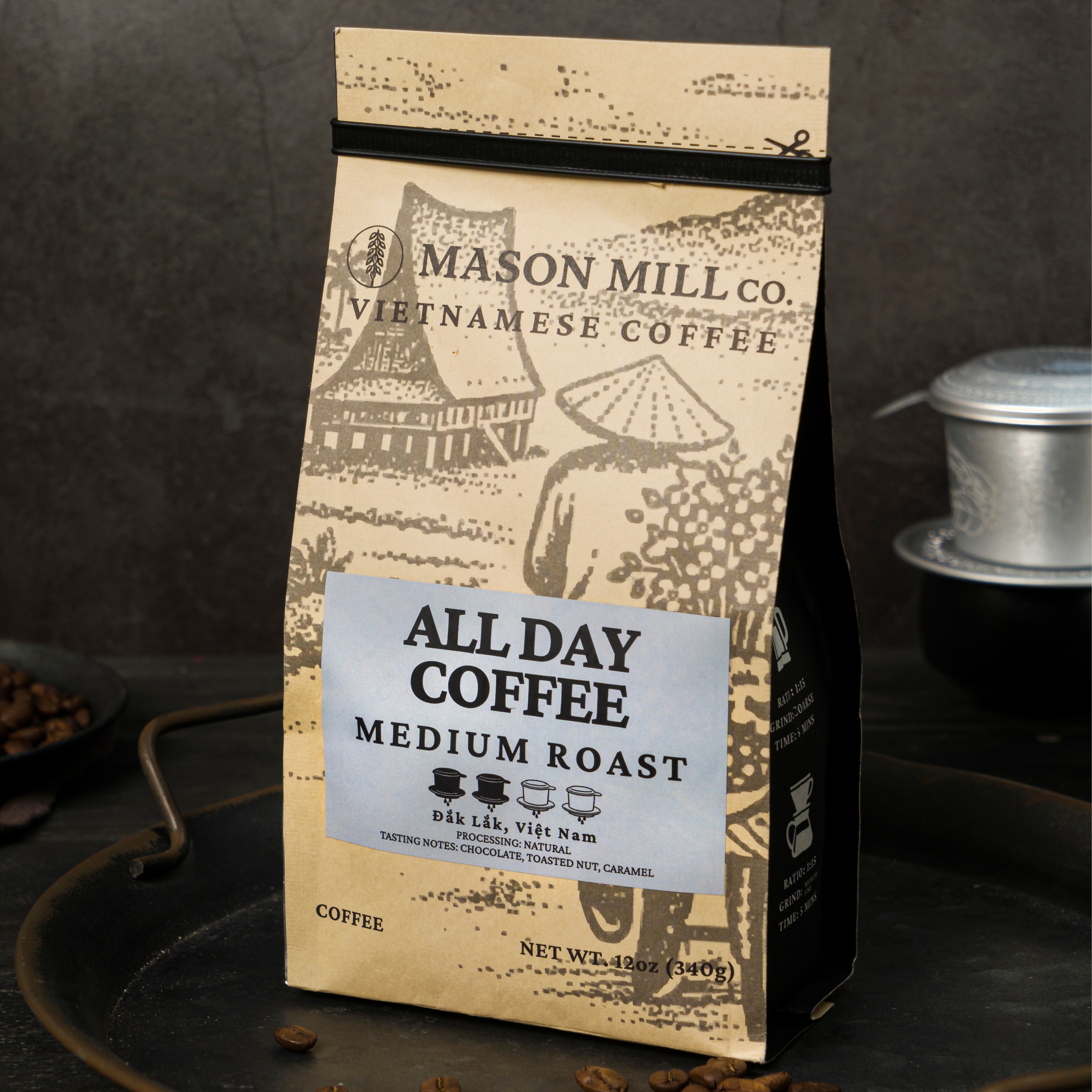 All Day Coffee – 12oz, Medium Roast, 60% Arabica, 40% Robusta, Đắk Lắk, Việt Nam